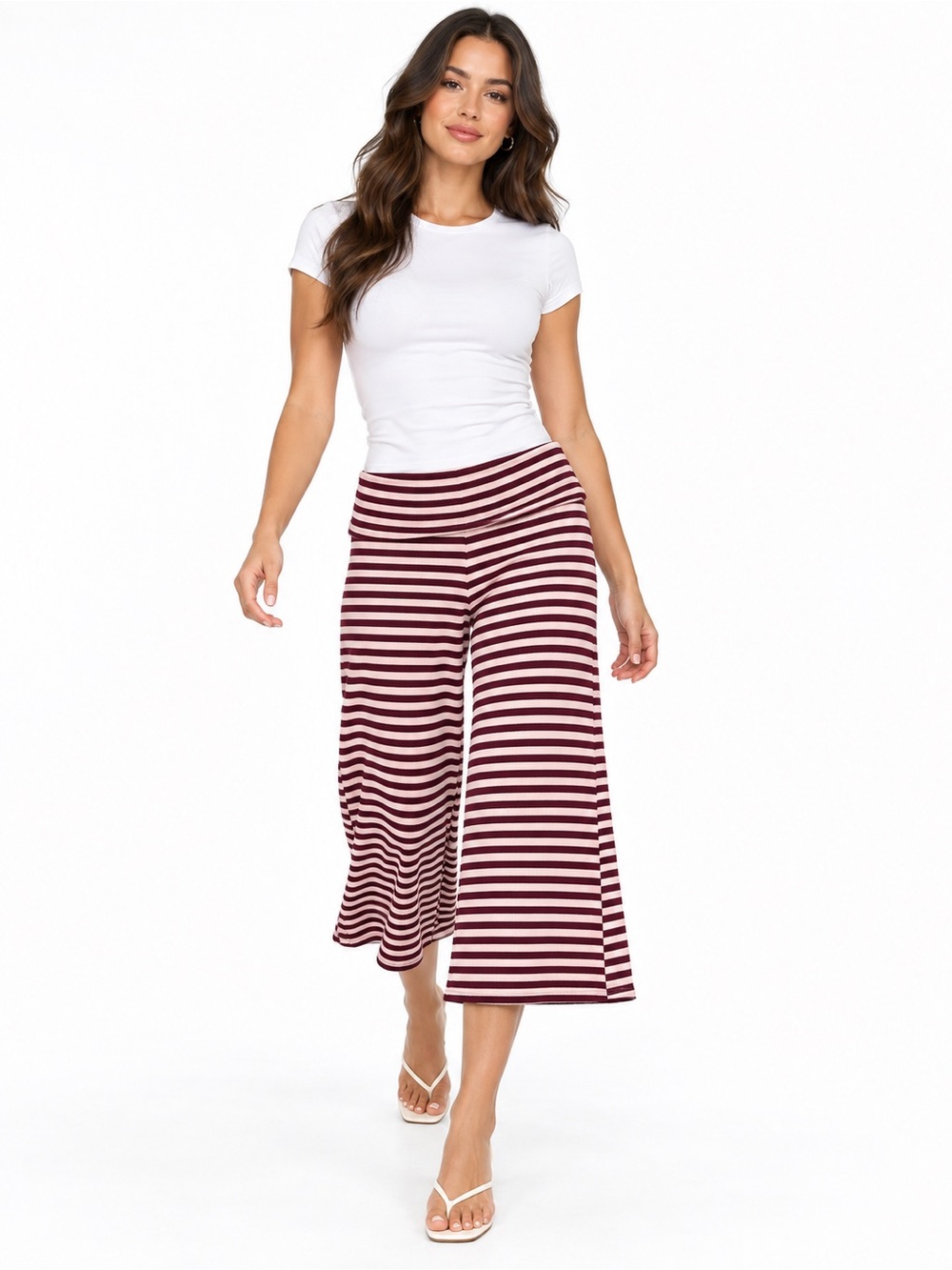 Fashion Nova Low Rise Striped Foldover Gaucho Pants Burgundy Pink Size L NWT